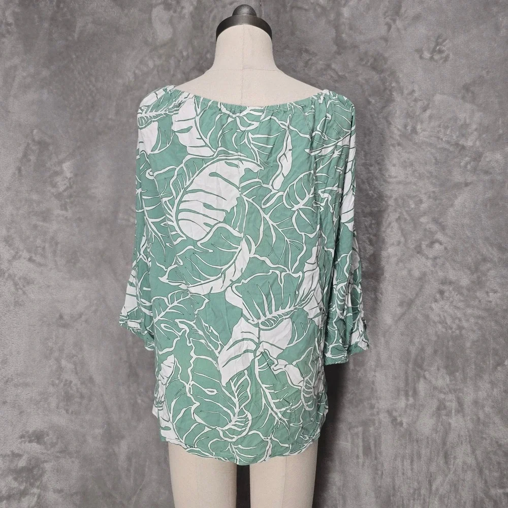 Kalaheo Blouse Top Women 2XL Green Monstera Leaf Print Rayon Tropical Relaxed